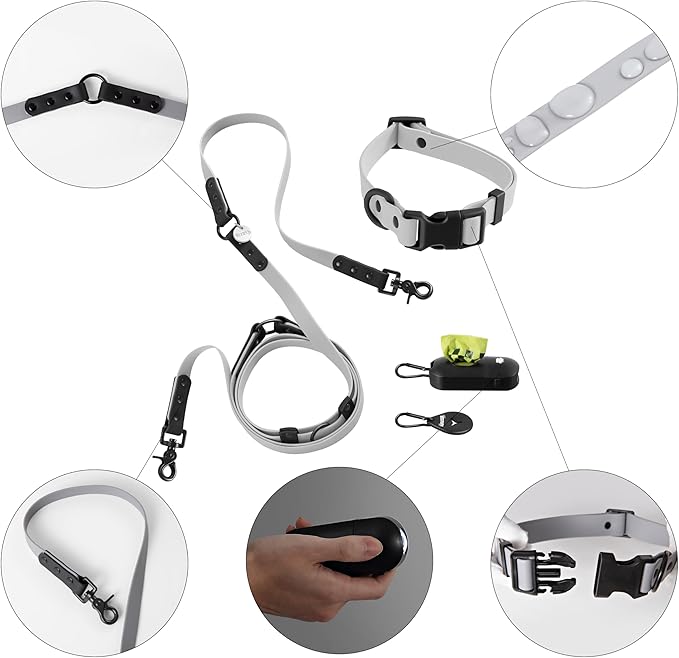 WLK1005N-5SET Luna Medium 8FT Adjustable 6-in-1 Waterproof Hands-Free Leash and Collar with LED Flashlight, Bag Dispenser, and Poop Bag Holder, Martini
