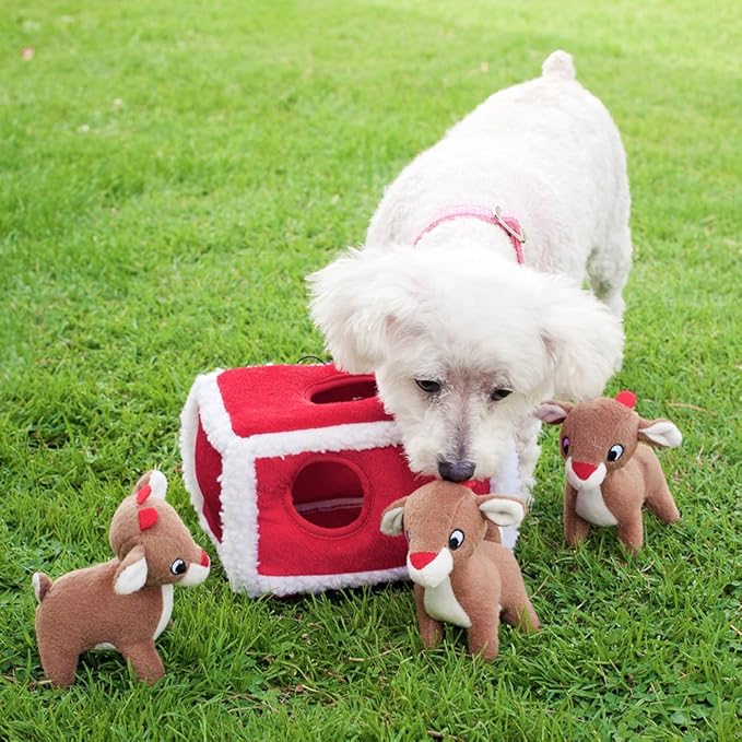 ZippyPaws Holiday Burrow- Interactive Dog & Puppy Toy for Boredom, Stimulating Pet Product to Keep them Busy, Hide & Seek Plush Dog Puzzle, Enrichment Squeaky Toy for Small & Medium Dogs- Reindeer Pen