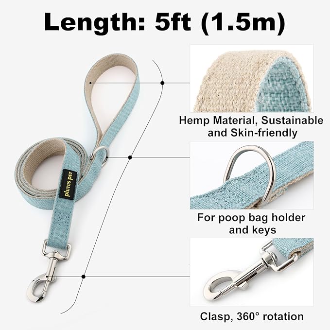 Plutus Pet Cotton Hemp Dog Collar and Leash Set, Adjustable Collar for Small, Medium, and Large Dogs, Heavy Duty and Soft on Skin, Light Blue, S