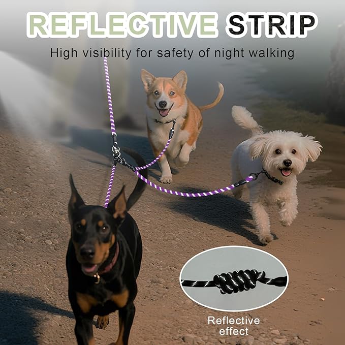 No-Tangle 3-Dog Leash - Main Lead Rope with Heavy-Duty Clip and Padded Handle, Three Detachable Leash Splitters, 4.76ft for Walking, Running, Small, Medium, Large Dogs (Purple)