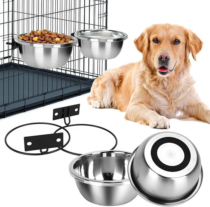 2-in-1 Dog Bowl, ShineMe 2 Pack 7 Cup Kennel Bowls Mountable & Floor Use with Non-Slip Base for Large and Medium Dogs, 56oz Pet Food/Water Bowl