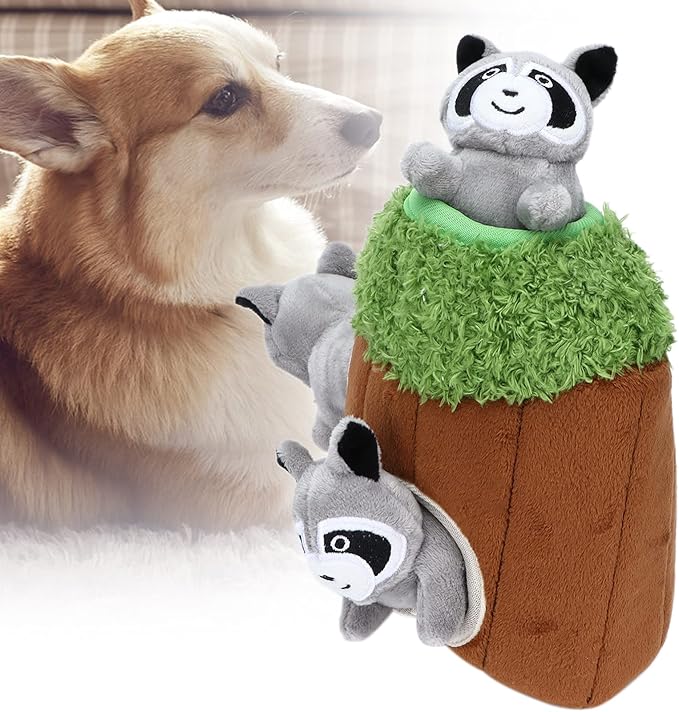 Cyrank Hide and Seek Dog Toy, Raccoon Tree House Dog Puzzle Toys Squeaky Plush Dog Game Toys Funny Dog Toy for Puppy and Small Dog
