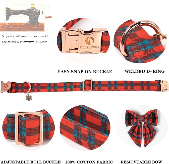 DOGWONG Christmas Dog Collar with Bow Tie, Red Green Plaid Dog Collar Durable Metal Buckle Adjustable Soft & Cute Red Checkered Dogs Collars for Small Medium Large Dogs, M