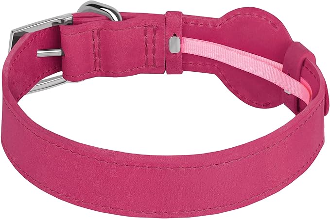 Leather Dog Collar with Airtag Holder - Apple Air Tag Dog Collars - Soft Tracking GPS Pet Collar for Small Medium Large Dogs Breed Puppy (Pink, XL, 19"-24" Neck Fit)
