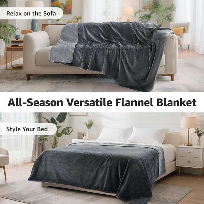 LOOBANI Waterproof Blanket for Bed: Reversible Soft Flannel Queen Bed Blanket 80" x 90", Waterproof Dog Blankets for Large Dogs, Spill-Proof Cover for Furniture Protection, Movie Time, Grey