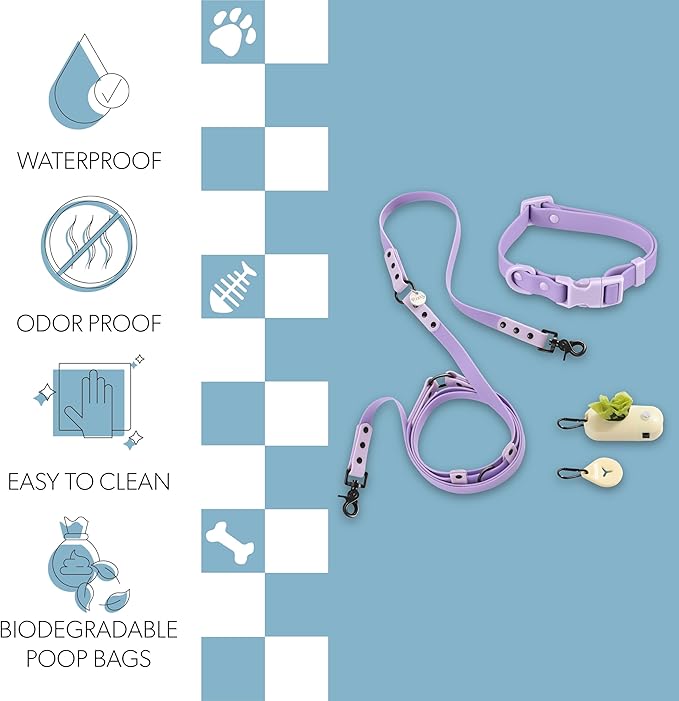 WLK1004H-5SET Luna Small 8FT Adjustable 6-in-1 Waterproof Hands-Free Leash and Collar with LED Flashlight, Bag Dispenser, and Poop Bag Holder, Bramble
