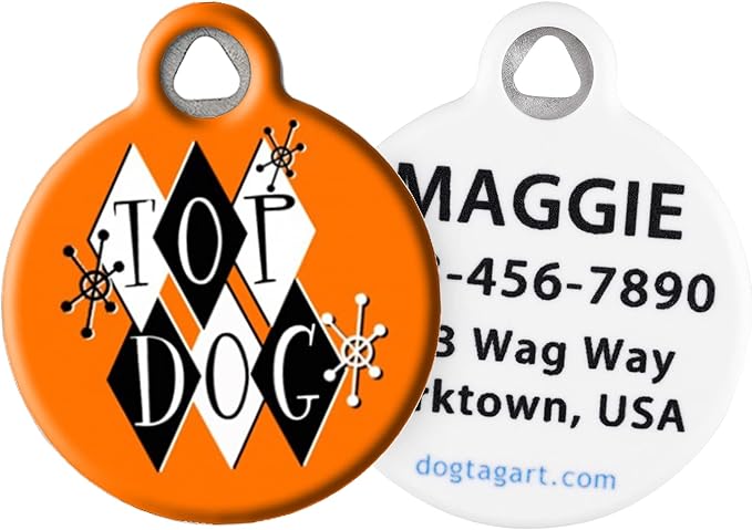 Dog Tag Art Vintage-Retro ’60s Mod Custom Pet ID Tag for Dogs and Cats, Personalized Dog Tag with Customized Identification Info, Retro Top, Large (1.25" Diameter)