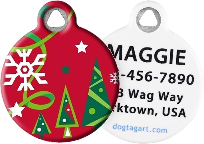 Dog Tag Art Christmas Cheer Lupine Pattern Personalized Pet ID Tag for Dogs and Cats, Silent Polymer Coated Stainless Steel Nametag with Customized Identification Information, Large 1.25" Diameter