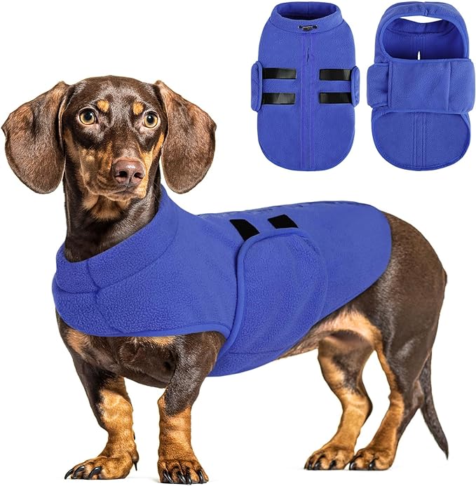 Queenmore Soft Fleece Dog Jacket, Warm Winter Coat with Leash Hole, Dachshund Sweaters for Small Dogs Cats Boy or Girl (Blue, S)