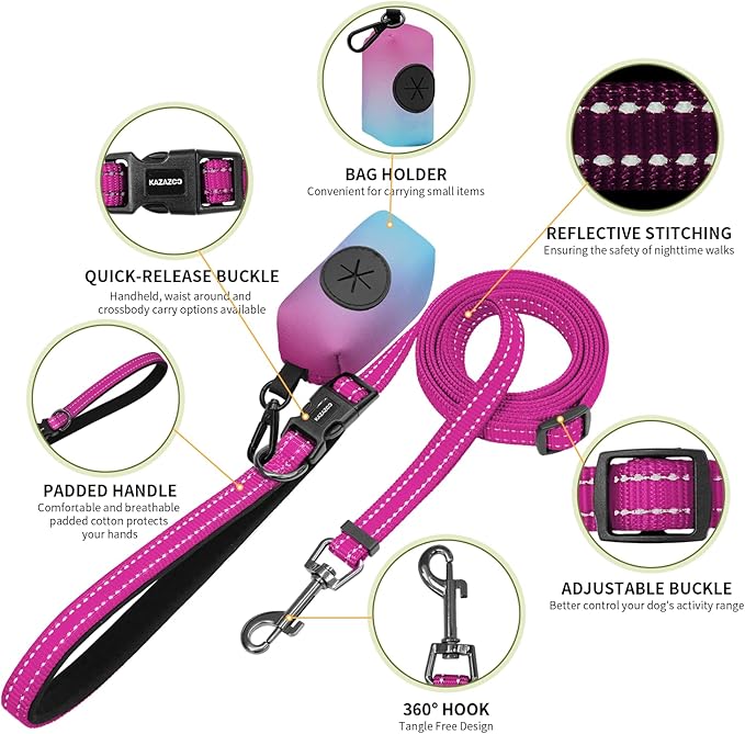 Kazazoo Hands-Free Christmas Dog Leash with Poop Bag Holder, Adjustable 4-7 Ft Waist for Dog Walking, Running for Small & Medium Dogs with Reflective Strips, Nylon Waist Belt, Hotpink