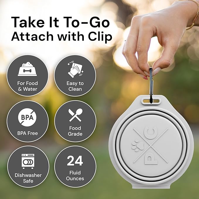 Pup Culture Dual Collapsible Dog Bowls | Silicone Travel Water Bowl for Dogs | Food Grade, No Plastic Rim, Portable Dog Bowl for Food and Water - Easy to Clean | BPA Free and Safe for Your Pup-Grey