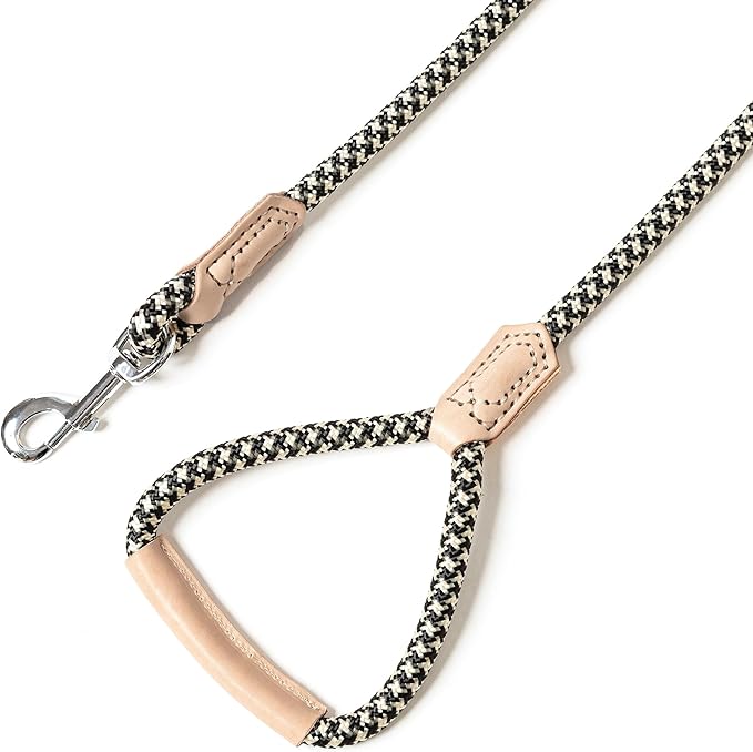 Mile High Life Rope Leash with Genuine Leather Grip and Connection, 6 FT/5 FT/4 FT, Heavy Duty Leash for Small Medium & Large Dogs(Black Khaki,48 Inch)