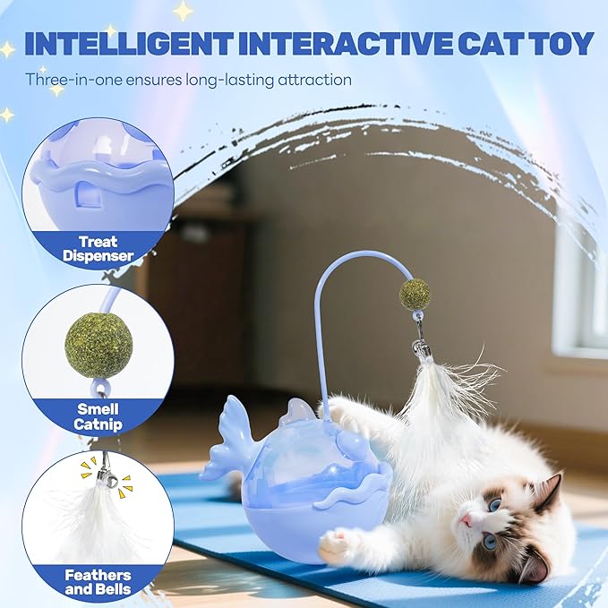 Cat Interactive Toys,Wobble Kitten Treat Dispensing Ball with Catnip and Feathers, Indoor Puzzle Slow Feeding, Cats Treat Dispenser Kicker Toy for Large, Medium and Small Cats (Blue, Fish