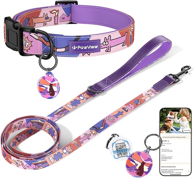 Dog Collar and Leash Set, QR Tag Adjustable Pet Collar, 6 FT Heavy Duty Dog Leash, Padded Handle, Quick Release Buckle, Metal Ring, 360° Swivel Clip for Large Dogs Walking Running (Purple, L)