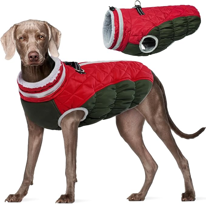 FUAMEY Dog Coat for Large Dogs,Waterproof Dog Winter Jacket with Harness Built in Puppy Cold Weather Coats Reflective Pet Vest with Zipper Warm Fleece Dogs Snowsuit Windproof XXXL