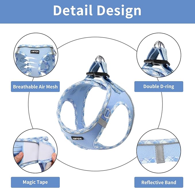 AMTOR Small Dog Harness with Leash Set, No Escape Easy Walk Puppy Harnesses for Training Walking, Step-in Reflective Soft Dogs Vest for XS S Medium Extra-Small Large Sized Dog(M Size,Blue/White)