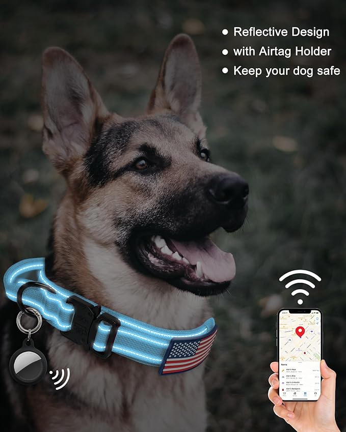 AUBELL Reflective Tactical Dog Collar,Adjustable Military Heavy Duty K9 Collars with Handle and Quick Release Metal Buckle Great for Extra Large Dogs, with Airtag Case and 2 Patches (Blue,XL)