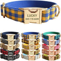 PETDURO Personalized Checkered Plaid Dog Collar Blue Yellow - Engraved Name and Phone Number on Gold Metal Buckle - Custom for Small Medium Large Boy Girl Dogs - Add Leash Bow Tie via Customize Now