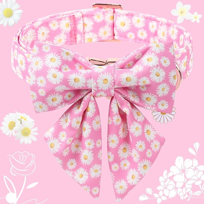 DOGWONG Spring Dog Collar with Sailor Bow, Soft Comfortable Adjustable Cute Pink Daisy Collar for Puppies and Cats, XS