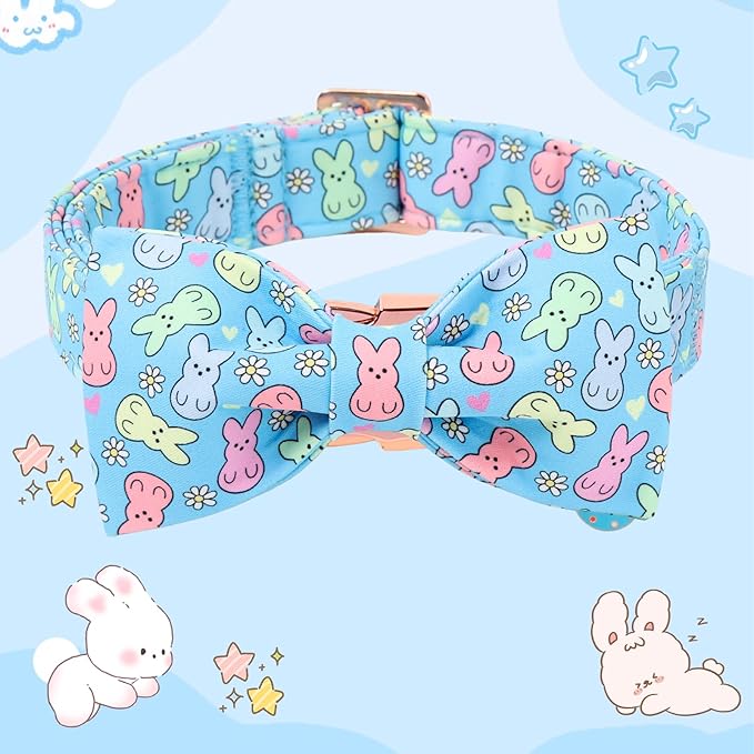 DOGWONG Easter Dog Collar, Blue Bunny Print Dog Collar with Bow, Girl Boy Pet Spring Holiday Dog Collars for Large Dogs,XL