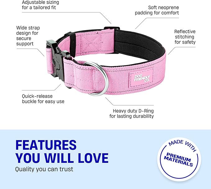 DF Co. Tactical Dog Collar | Comfortable & Secure with Quick Release Clip Buckle and Heavy Duty D-Ring | Soft Padded Neoprene, Chafe Resistant, Night-Time Visibility | Pink, Size L/XL