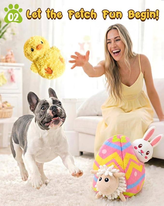 Swooflia 4 Pack Easter Puzzle Dog Toys for Small Dogs - Enrichment Plush Squeaky Bunny Chick Lamb and Crinkle Easter Egg Interactive Puppy Toy for Hide and Seek (Not for Big & Aggressive Chewer)