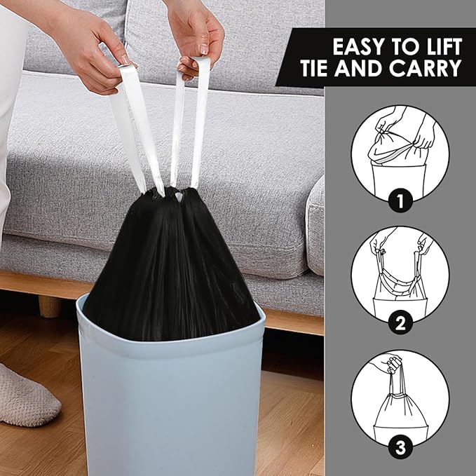 10 Gallon Drawstring Trash Bags (fit 30-35 Liter), 120 Counts Medium Large Kitchen Garbage Bags Trash Can Liners for Home, Office, Light Residential Waste Outdoor Lawn Bags, Black