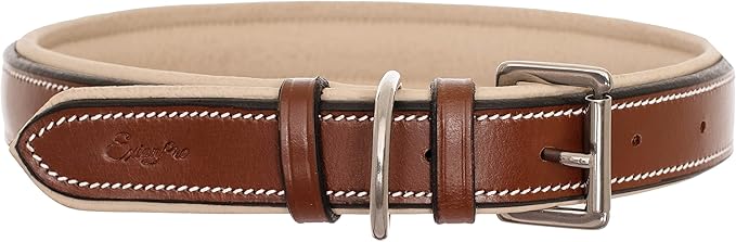 Exion Geniun Leather Dog Collar Designer Stitched Soft Leather Padded- Suitable for Small Medium Large X-Large Dogs for Walking Running- Conker with Beige Padding