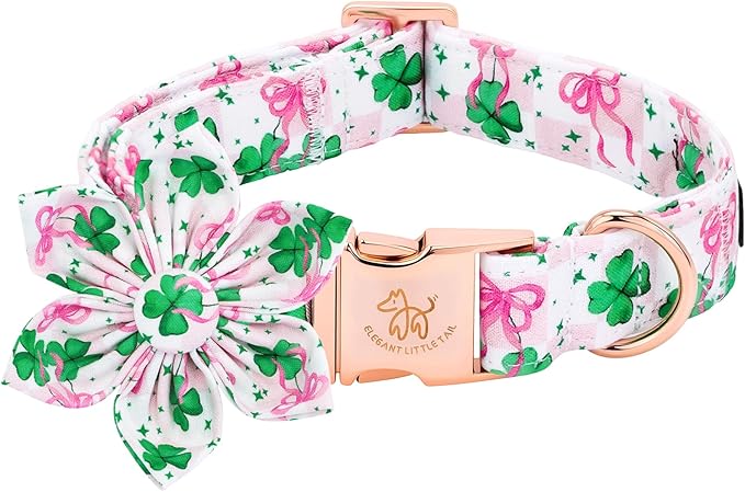 Elegant little tail St Patrick's Dog Collar - Green Lucky Clover Cotton Shamrock Pet Collar Flower Cute Pink Collars with Flower Adjustable Pet Collars for Large Dogs