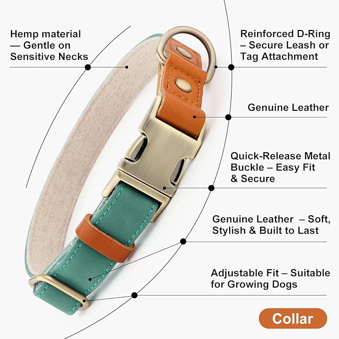 Plutus Pet Genuine Leather & Hemp Dog Collar – Adjustable Heavy Duty Pet Collar with Quick Release Metal Buckle, Soft & Stylish for Puppy and Small, Medium, Large Dogs (Green, M)