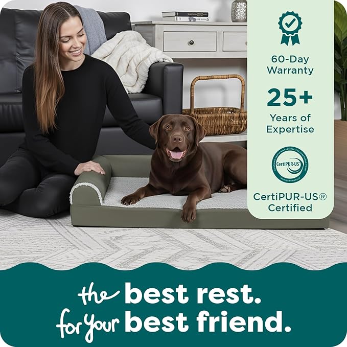 FurHaven Cooling Gel Dog Bed for Large Dogs, L-Shaped Chaise with Cool Gel-Top Foam with a Solid Orthopedic Foam Base for Joint Support, Washable Cover, Jumbo XL, Plush Faux Fur & Suede, Dark Sage