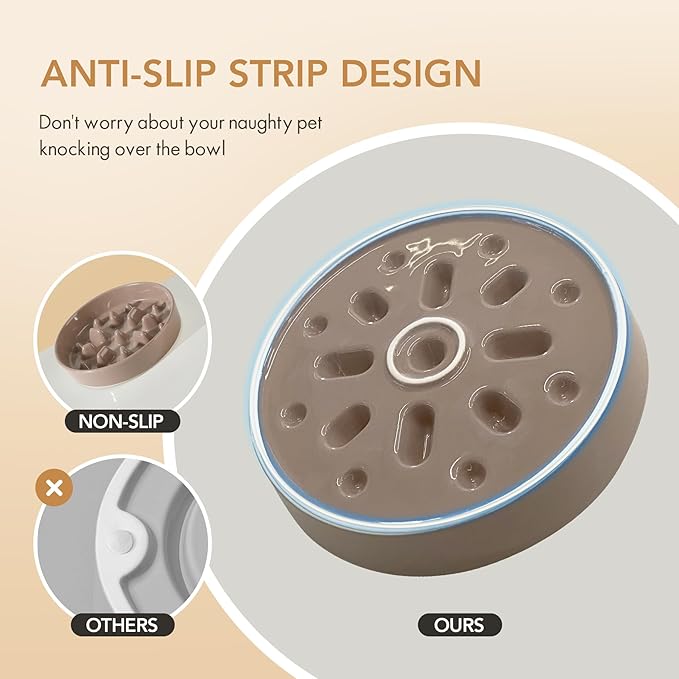 Ceramic 1.6 Cup Dog Raised Slow Feeder Set, Elevated Bowl with Wooden Stand for Medium and Large Dog, 8.2inch Slow Feeder Dish for Fast Easters, Anti-Gulping(Brown Coffee, Single Bowl+ Stand)
