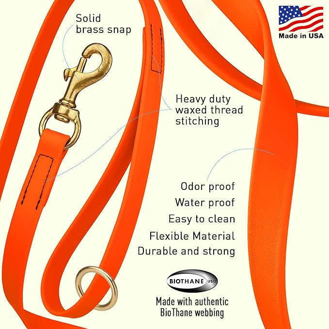 Viper Biothane K9 Working Dog Leash Waterproof Lead for Tracking Training Schutzhund Odor-Proof Long Line with Solid Brass Snap for Puppy Medium and Large Dogs 20in, Hunter Orange