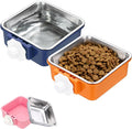 Crate Dog Bowl, Removable Stainless Steel Pet Cage Hanging Anti-Overturn Food Water Feeder Cage Cup (2Pcs, Square, Dark Blue/Orange, 17.7oz), Intended for Puppies/Cat/Rabbit/Bird