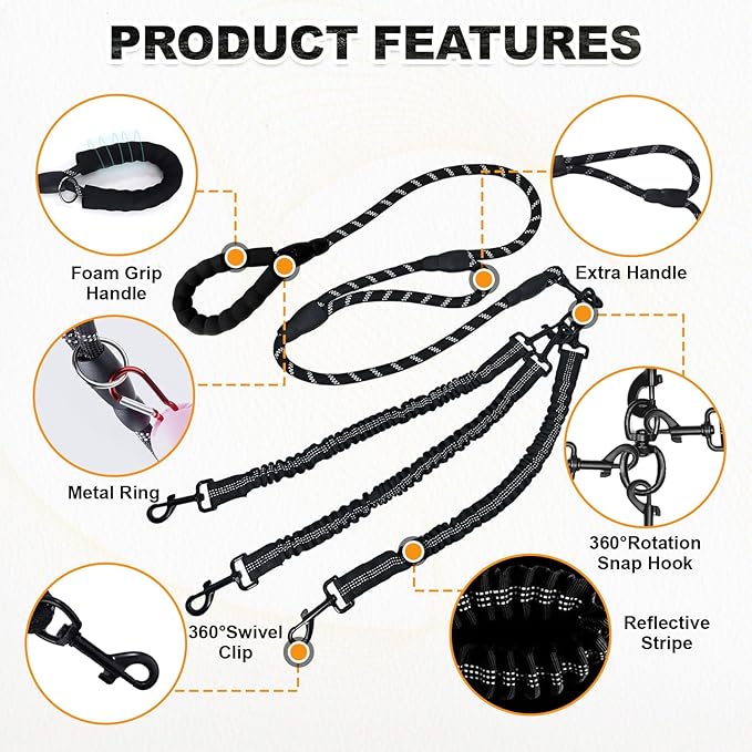No Tangle Leash for 3 Dogs, 3-in-1 Leash with 360° Swivel & Shock Absorbing Bungee, Padded Handle No Tangle Walking Lead for Large Medium Small Dog