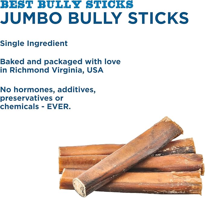 Best Bully Sticks Natural Jumbo Bully Sticks for Large Dogs - 6 Inch, 10 Count (Pack of 1) - 100% Free-Range Grass-Fed Beef, Single-Ingredient, Grain and Rawhide Free Long Lasting Dog Chews