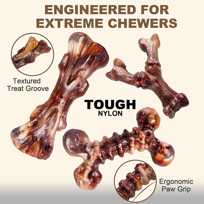 Dog Toys for Aggressive Chewers - 3 Pack Bacon Flavored Indestructible Dog Toy, Big Tough Chew Bone for Medium Large Breed 25-90lbs to Keep Them Busy, Happy Dog Gift (Brown)