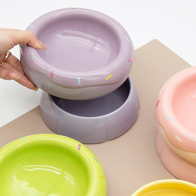 Donut Duo Ceramic Dog Bowl Set, Dual-Layer Pet Feeding Bowls with Raised Base, Non-Slip, Lead-Free Ceramic (Purple)