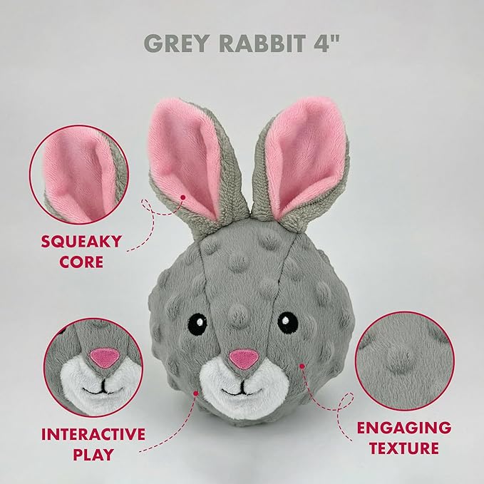 Pet Lou 4-Inch Rabbit Plush EZ Squeaky Ball Dog Toy, Set of 2, Lightweight Portable Plush Squeaky Dog Toys with TPR Core, Stuffing-Free, for All Breed Sizes