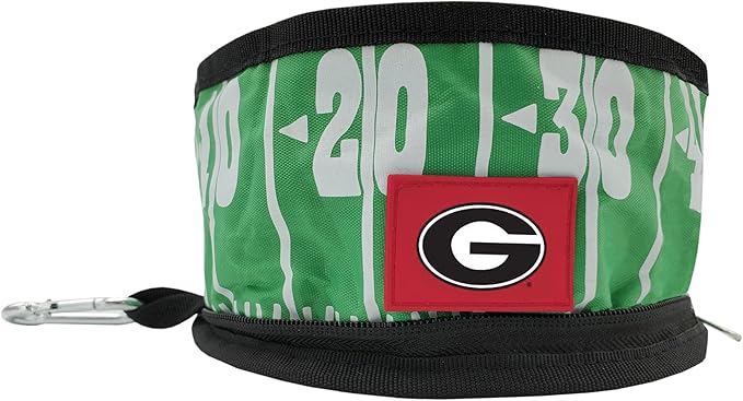 Pets First NCAA Georgia Bulldogs Collapsible Dog Travel Bowl, Food and Water Bowl for Dogs & Cats. Lightweight Leak-Proof Pet Bowl for Travel with Football Field & Pebble-Grain Design