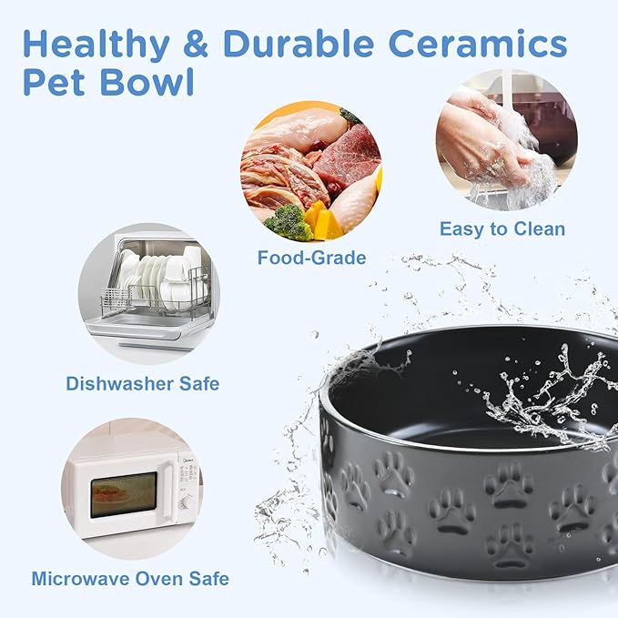 SPUNKYJUNKY Elevated Dog Bowls Ceramic, 8.3'' Dogs Food Water Bowls Raised with Non-Slip Bamboo Stand for Large Sized Breed Microwave Dishwasher Safe - 60 OZ,Paw Black
