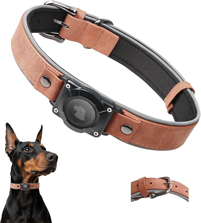 Leather AirTag Dog Collar - IPX8 Waterproof Dog Collar with AirTag Holder|Reflective, High - End, Adjustable Soft Padded |Dog GPS Collar Tracker Fit for Medium Large Dogs (Mahogany Brown, XL)