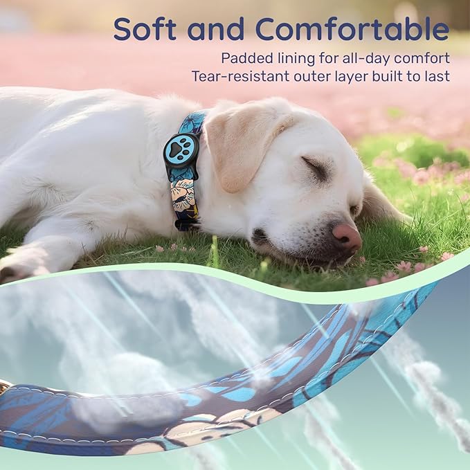 WhoseID Airtag Dog Collar,with Waterproof airtag Holder，Original Stylish Cute Pattern Design.QR Code ID Buckle，Comfortable Soft Cotton for Small Medium Large Dogs