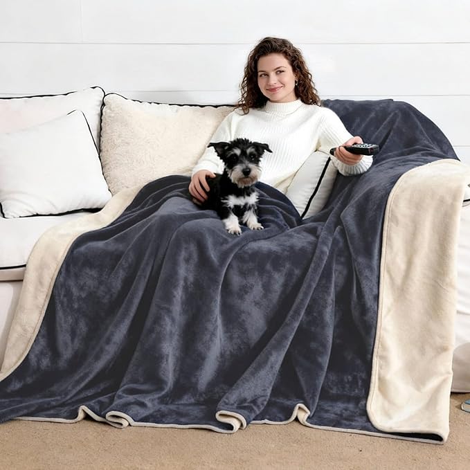 NANPIPER 100% Waterproof Blanket for Bed, Reversible Fleece Love Blanket, Spill-Proof Dog Throw for Camping, Travel, Navy/Light Beige 80x90 inches