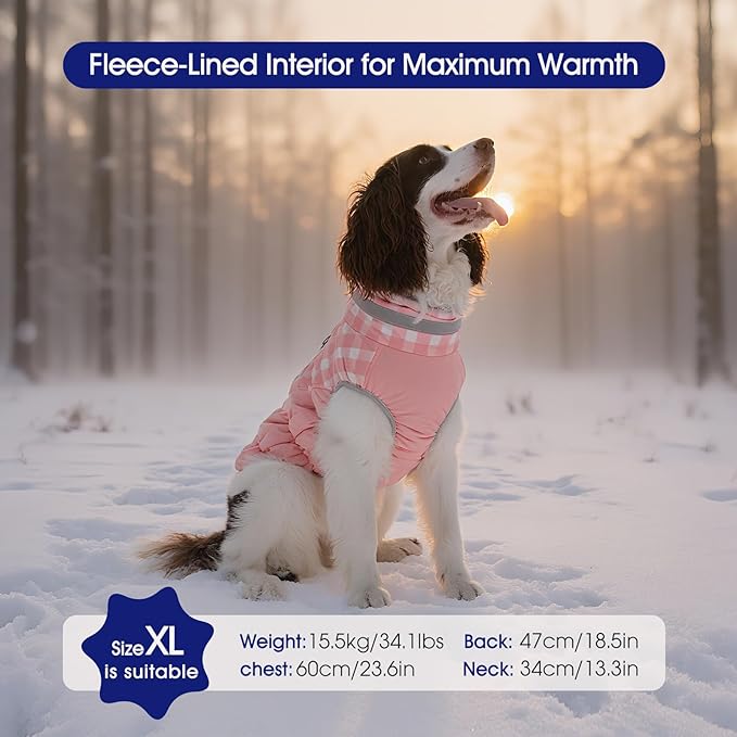FUAMEY Dog Coat for Small Dogs,Waterproof Dog Winter Jacket with Harness Built in Puppy Cold Weather Coats Reflective Pet Vest with Zipper Warm Fleece Dogs Snowsuit Windproof Pink Plaid XS