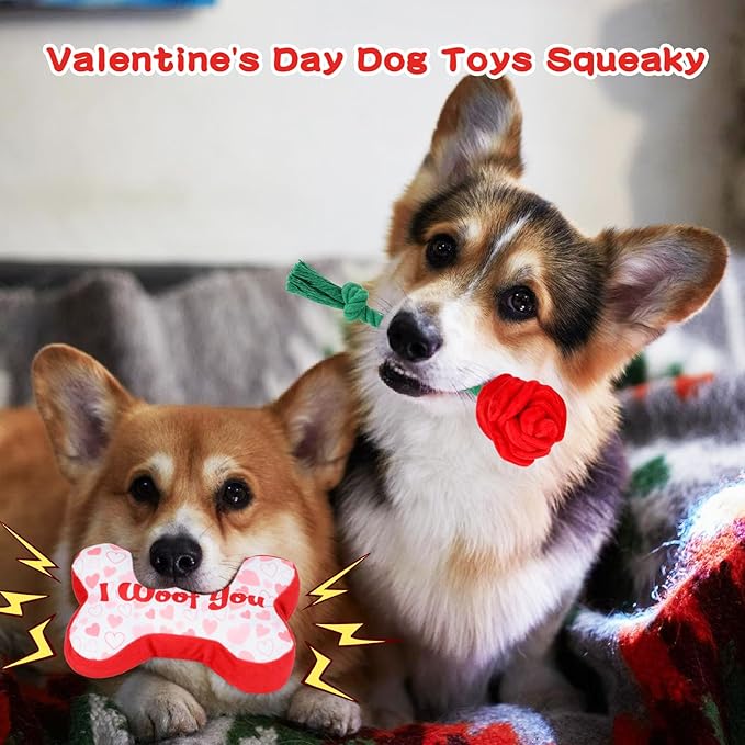 YUEPET Squeaky Valentine's Day Pet Toys 3 Piece Set,Interactive Rose Puzzle Toys, Soft Plush Heart-Shaped Rope Bone Dog Toy with Squeaker Crinkle Paper Puppy Chew Toys for Small Medium Dogs Teething