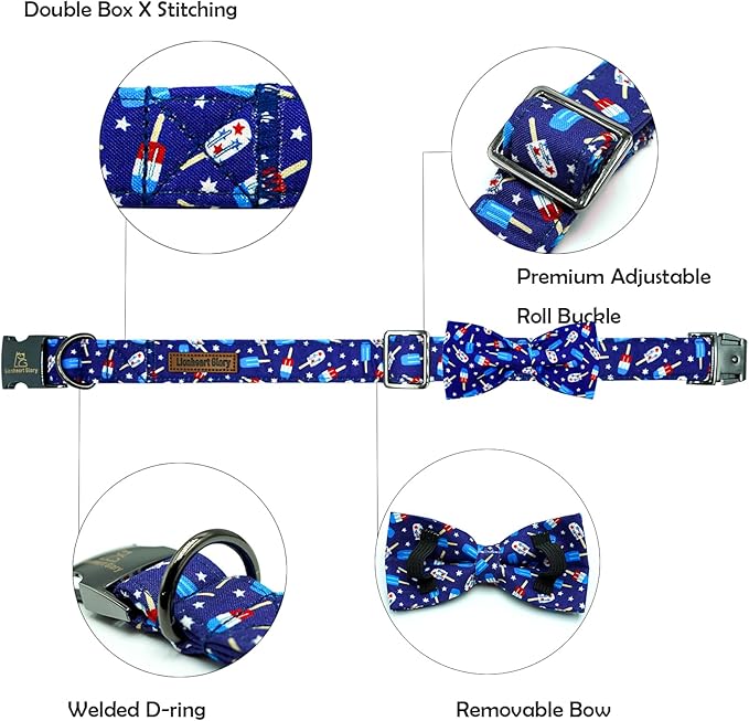 Lionheart glory American Flag Dog Collar 4 of July Independence Patriotic Dog Bow Collars Heavy Duty Adjustable Soft Collar with Bowtie for Large Dogs Pet Gift