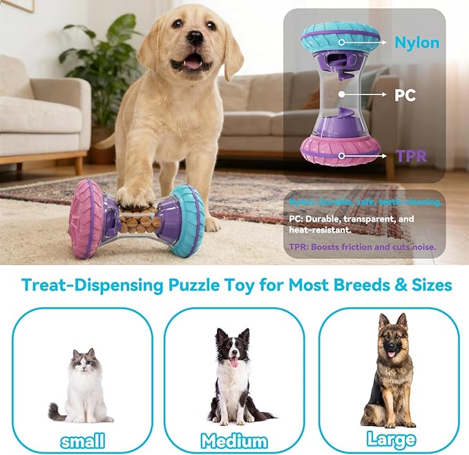 MateeyLife Interactive Dog Roller Puzzle Toy, Durable Dumbbell Dog Toys to Keep Them Busy | Adjustable Treat Dispensing Dog Toys, Slow Feeder & Silent Rolling for Apartment, Rose