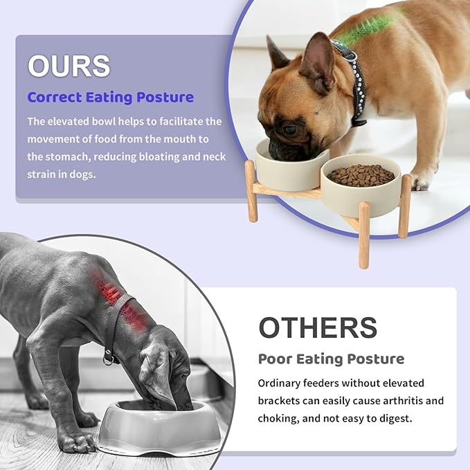 SPUNKYJUNKY Ceramics Elevated Dog Bowls with Wooden Stand - Raised Dog Bowl for Medium Large Dogs - Double 60OZ Bowls, Grey
