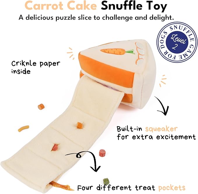 CHEWFFON Dog Puzzle Snuffle Toy, Carrot Cake Treat-Hiding Enrichment Toy for Boredom Relief and Mental Stimulation, Squeaky Cake Gift, Interactive Play for Small and Medium Dogs